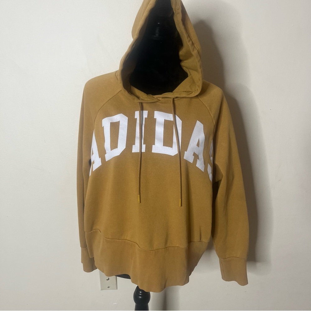 Adidas Women’s Tan Cropped Drawstring Hoodie with White Logo Sz L